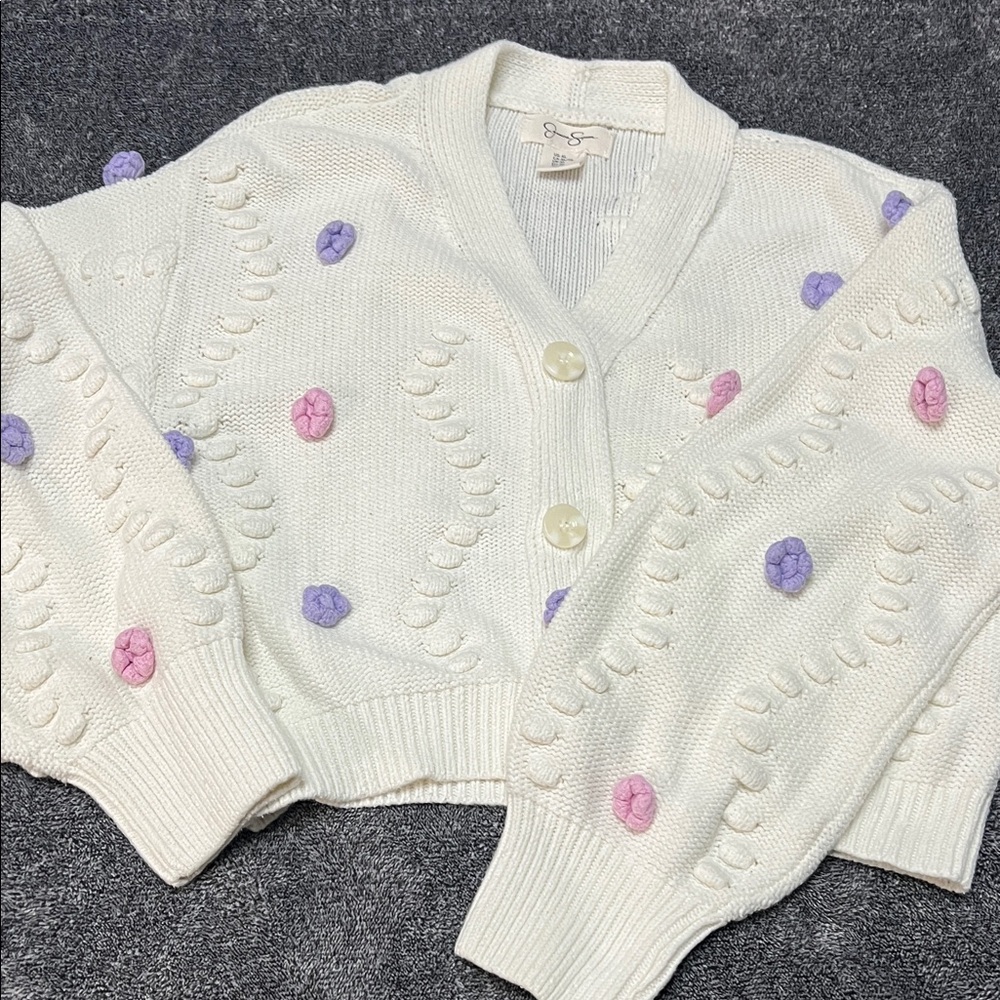 Jessica Simpson White Cardigan with Pink and Purple Accents